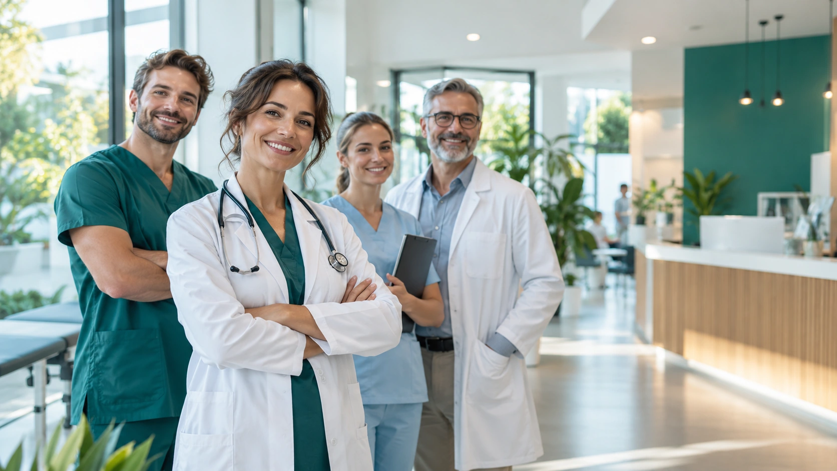 Équipe de professionnels de santé dans une clinique moderne
